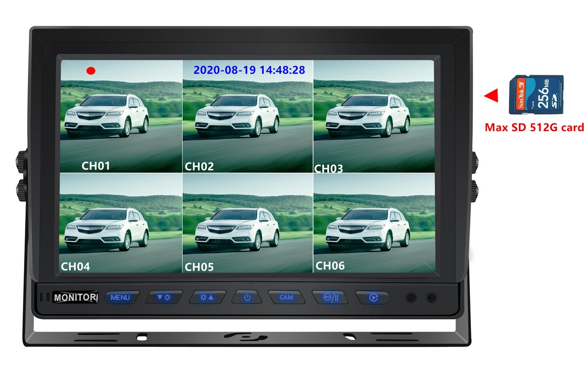Monitor belakang 10 inci dengan perekaman kartu SD, dukungan 8 kamera