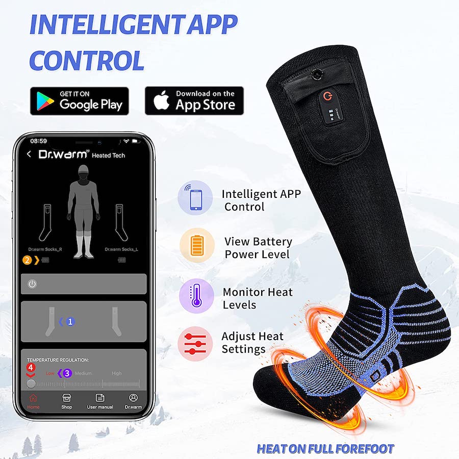 Kaus kaki listrik dipanaskan - kendalikan melalui aplikasi ponsel pintar