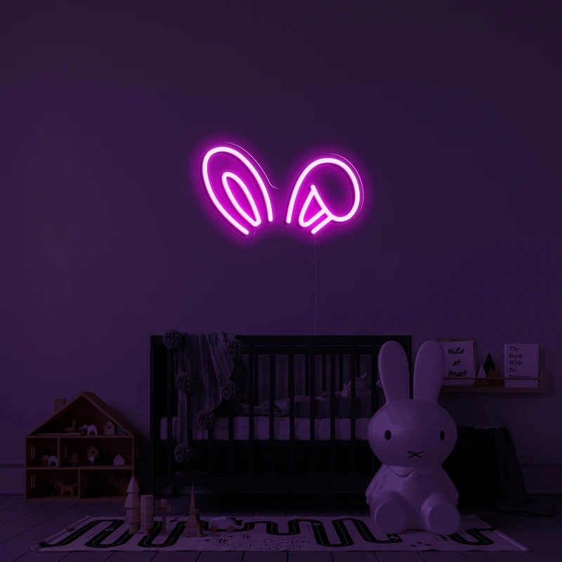 Logo neon bercahaya 3D di dinding - telinga kelinci