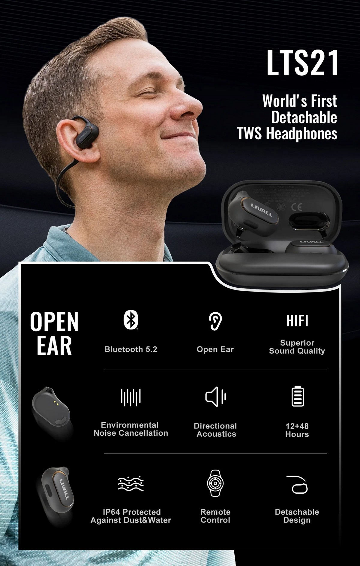 Headphone olahraga nirkabel dengan bluetooth - desain telinga terbuka yang dapat dilepas