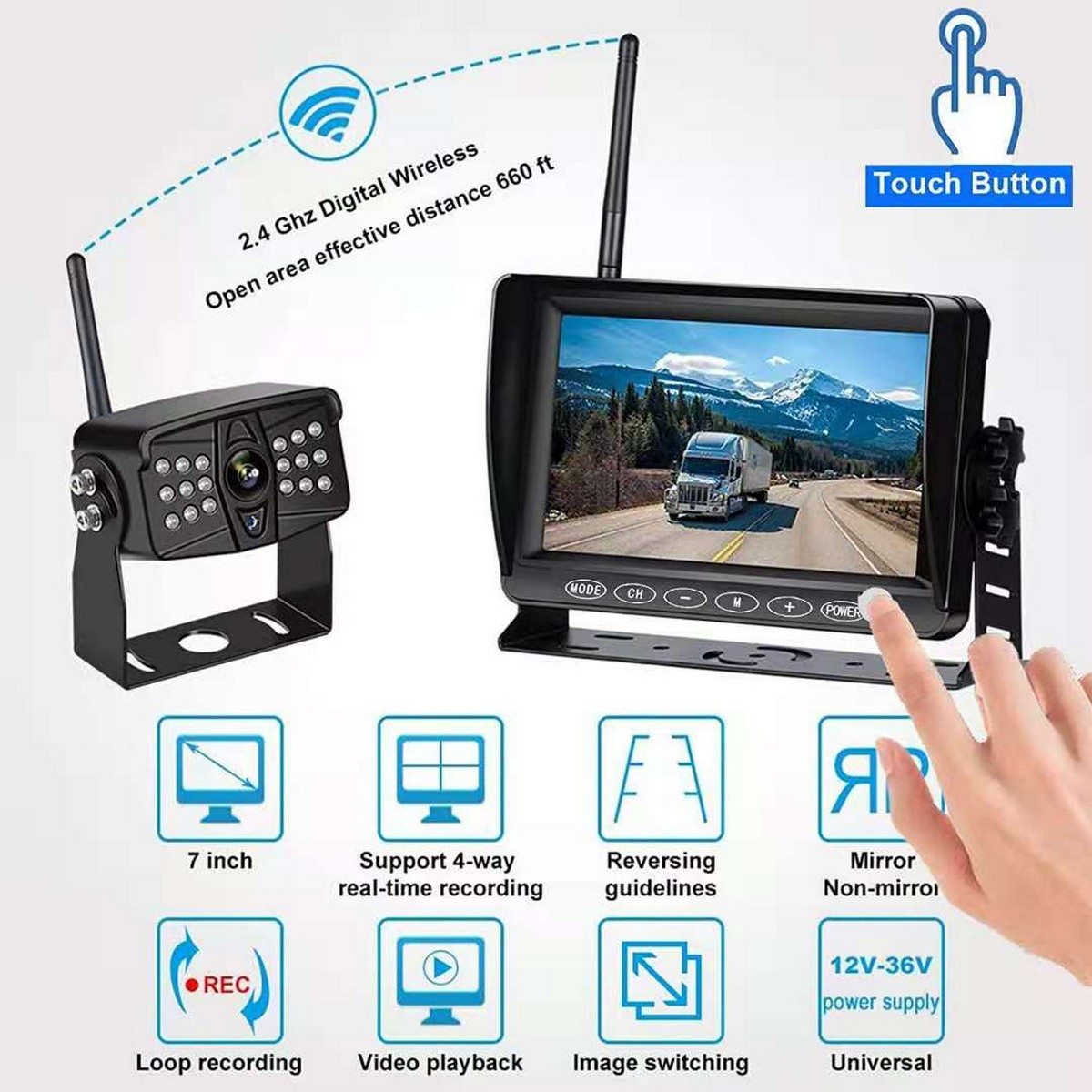 sistem kamera mundur nirkabel dengan set monitor untuk van dan truk