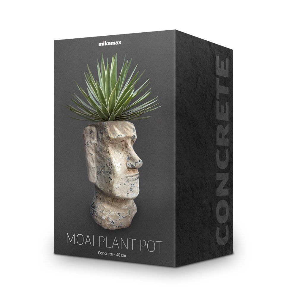 Pot bunga berbentuk kepala moai yang terbuat dari batu beton
