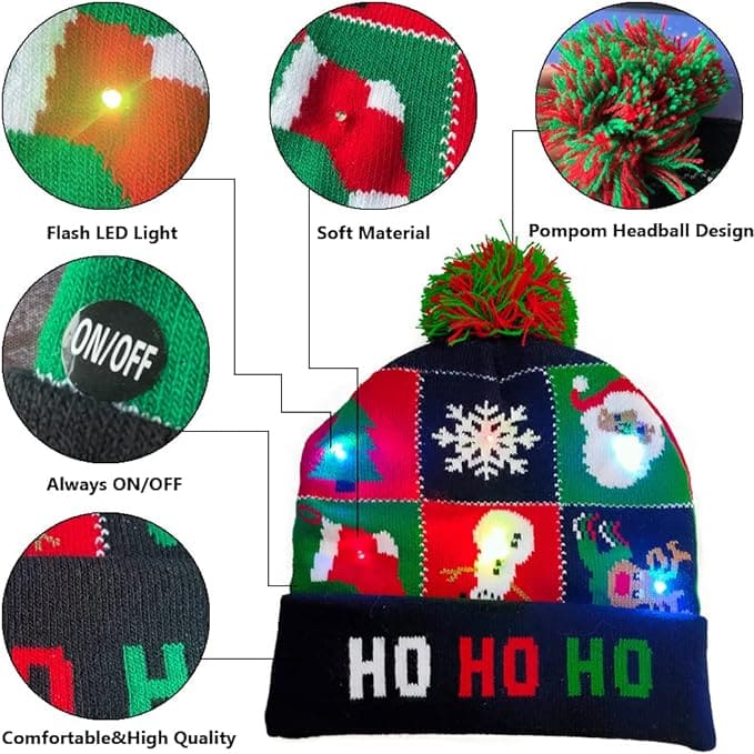 topi musim dingin untuk Natal dengan pom-pom dan LED menyala