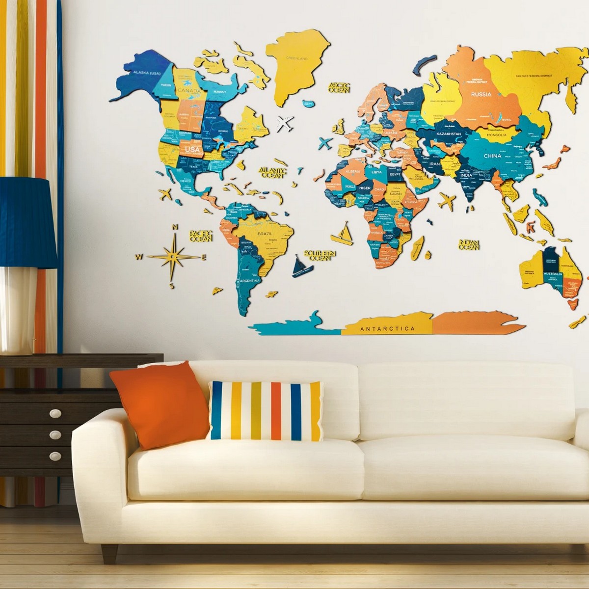 peta warna pada dinding kayu 3d