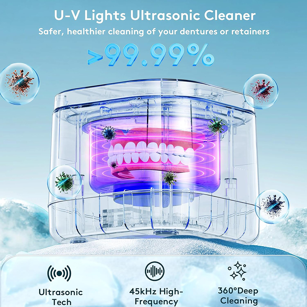 pembersih penahan ultrasonik pembersih gigi tiruan UV 99,99% pembersihan ringan