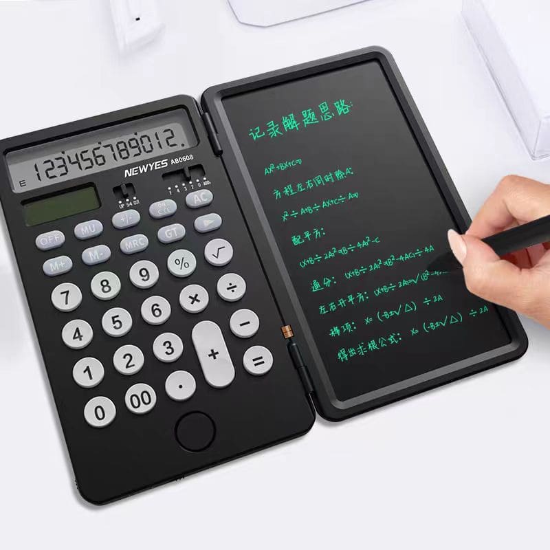 Kalkulator dengan panel LCD sebagai buku catatan notepad
