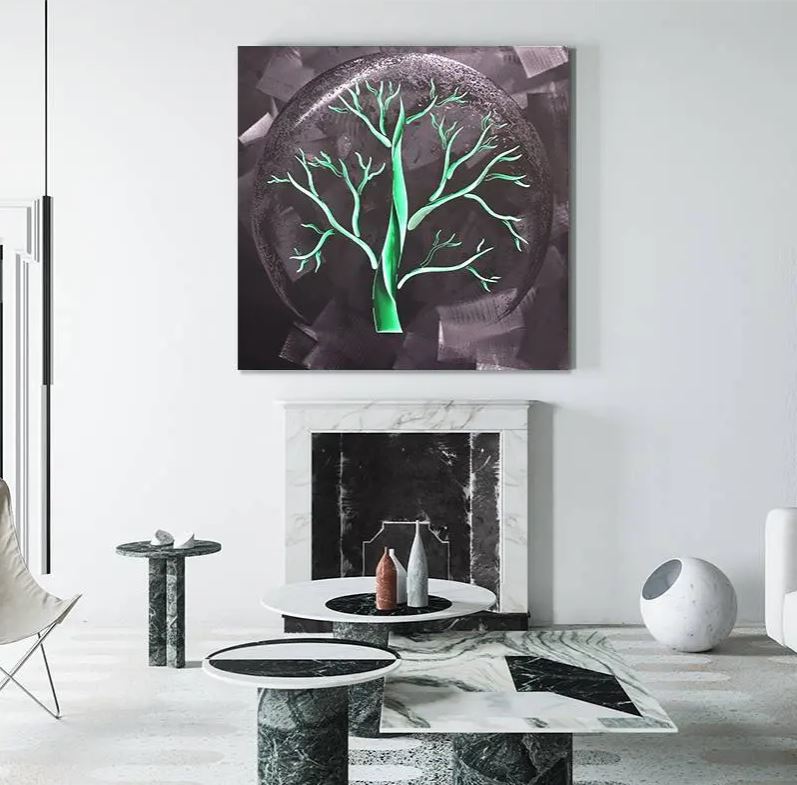 pohon kehidupan lukisan logam perak aluminium untuk dinding