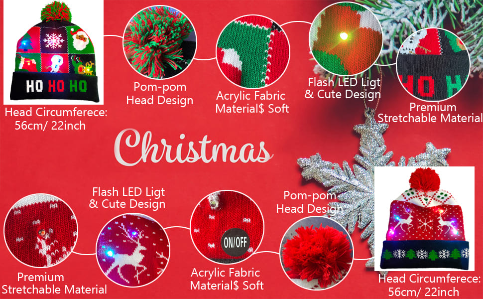 Beanies Natal untuk musim dingin dengan berbagai motif (desain) yang diterangi LED
